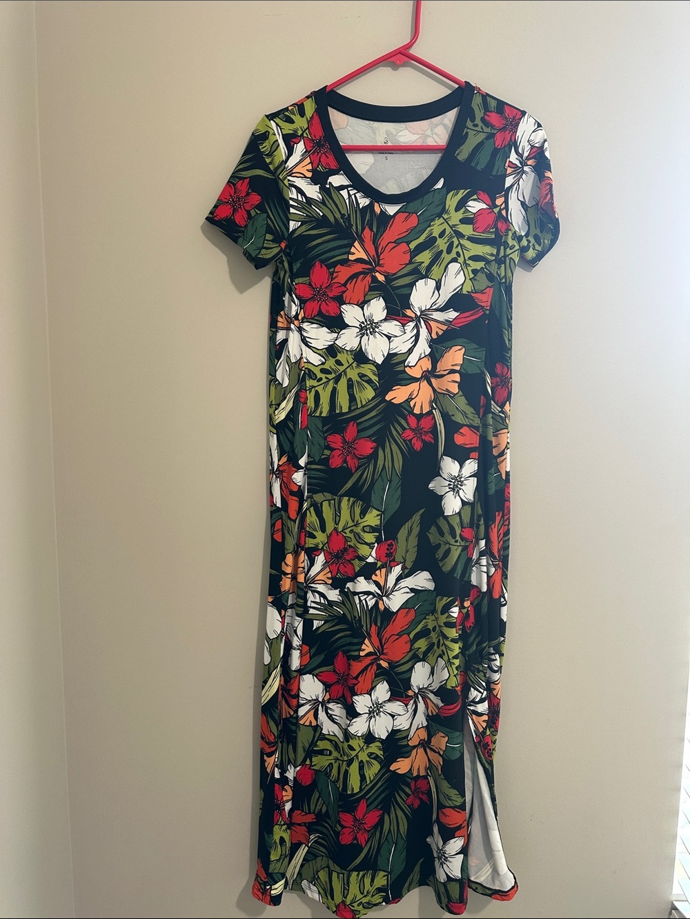 Cuddl Duds Black Maxi Dress with Green, White, Red & Orange Floral Print